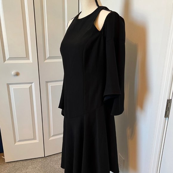SCRIPTED M Cold Shoulder Bell Sleeve Little Black Dress Asymmetrical - Picture 8 of 16